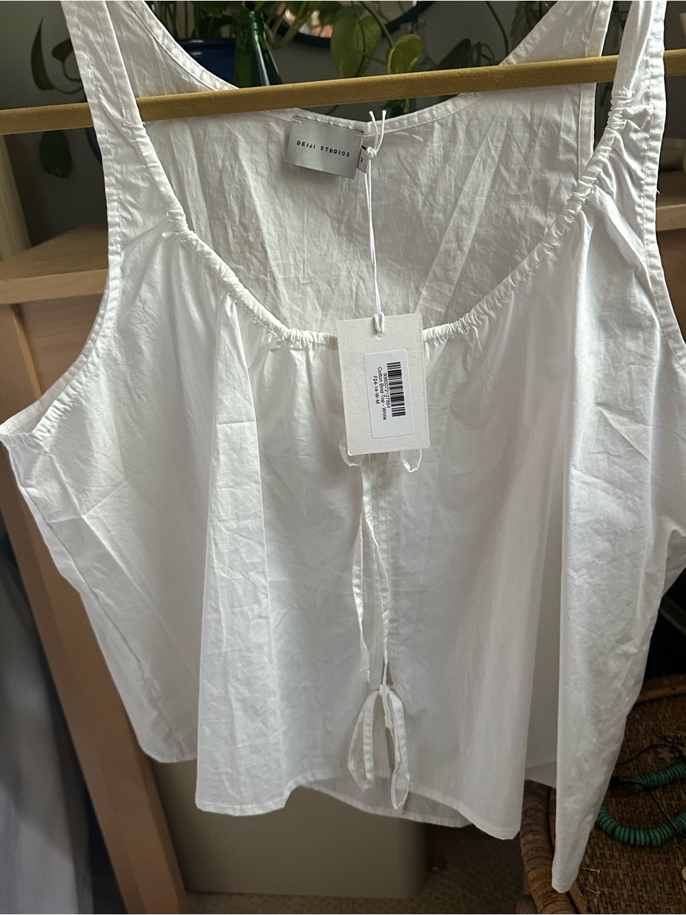 DEIJI STUDIOS White Cotton Tank Top Blouse with Front Tie - Picture 3 of 7